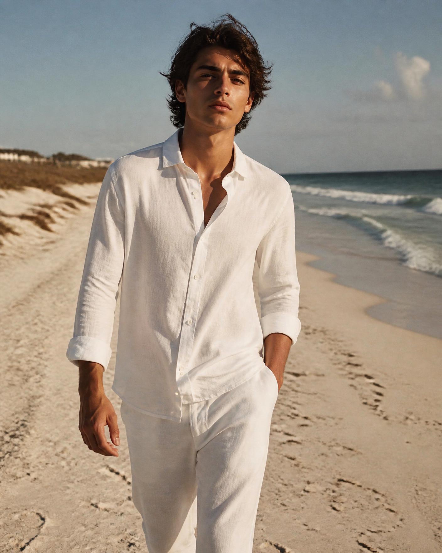 A young person in white linen walking a windswept white sand beach at golden hour