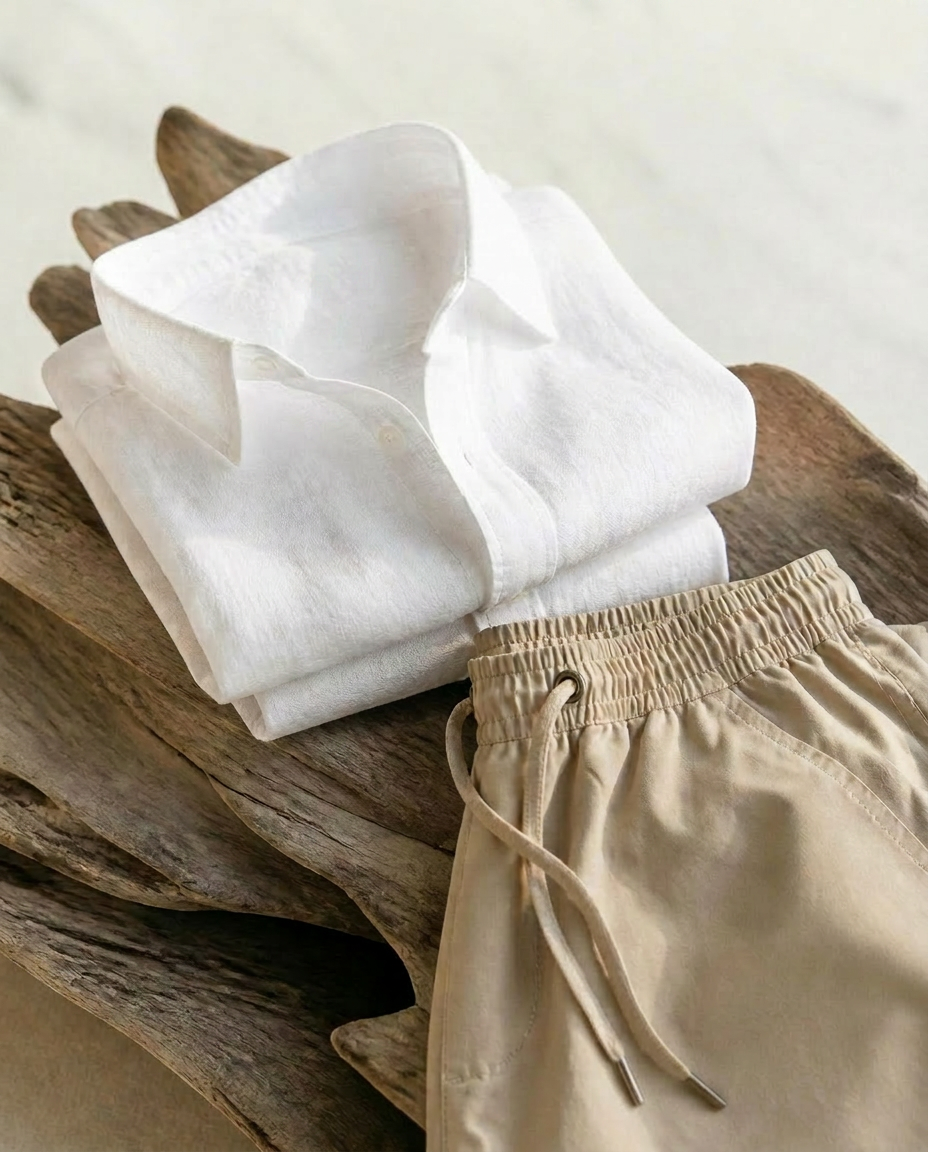 Folded white linen shirt and sand-colored swim shorts on weathered driftwood